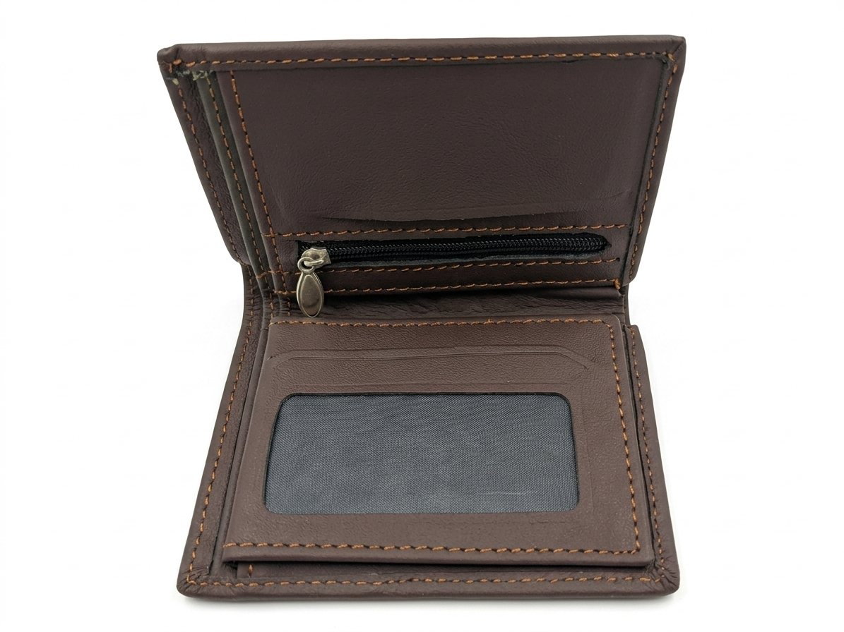 "classic men’s brown leather bifold – secure zip & id window" "classic men’s brown leather bifold – secure zip & id window"
