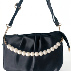 Cart "'elegant black silk ruched handbag with pearl chain detail"